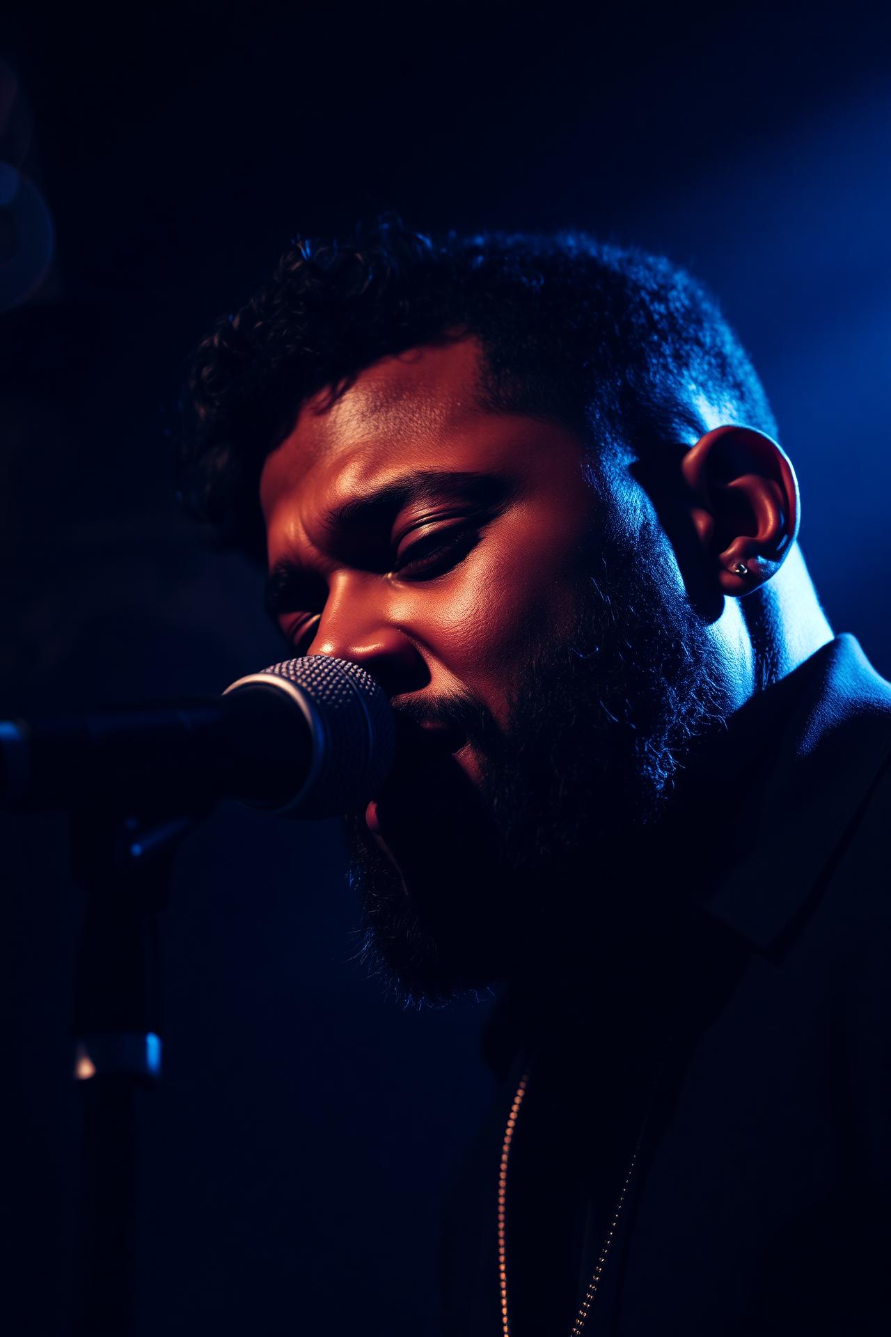 Artist on stage in moody blue light