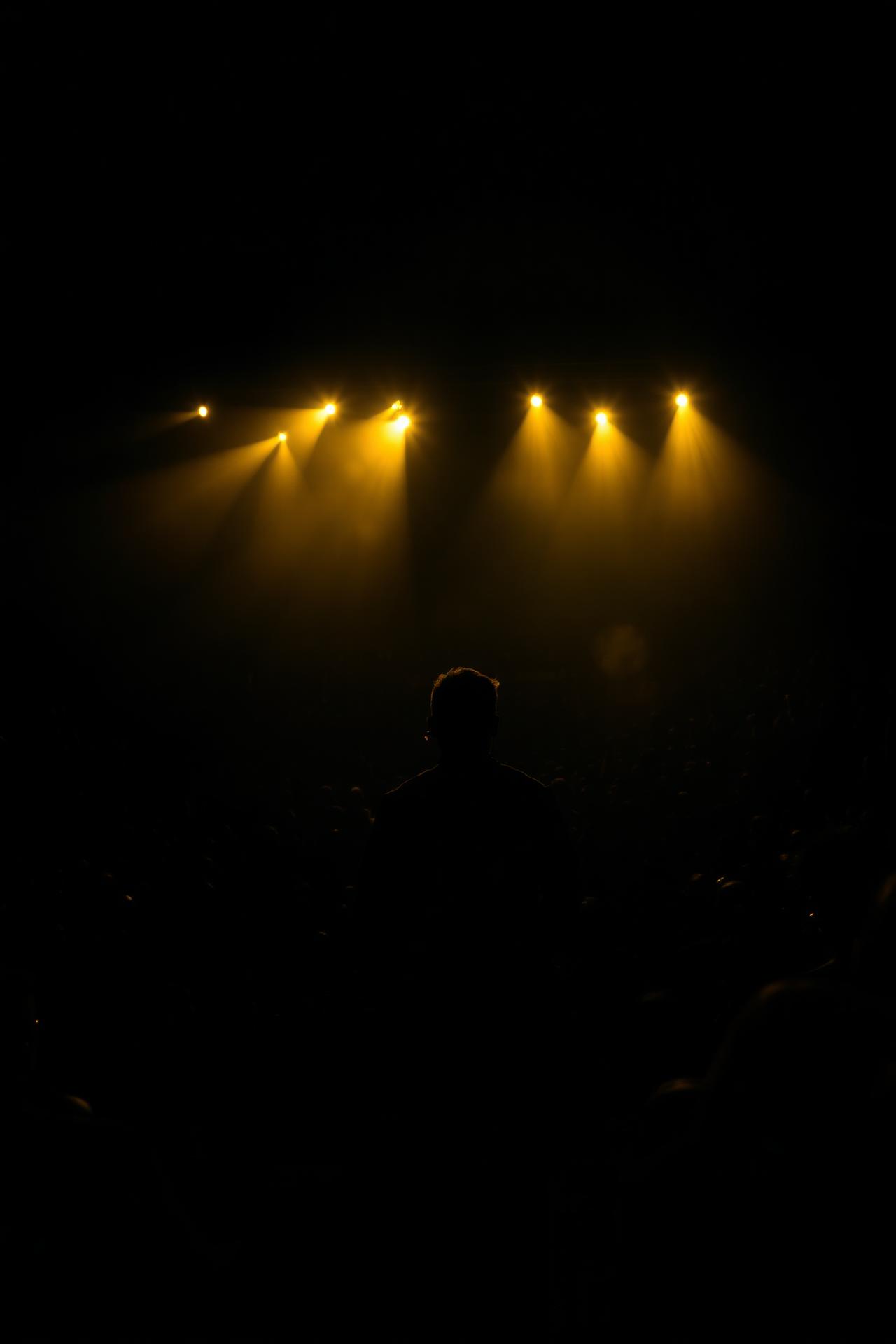Sold-out arena crowd lit by gold spotlights