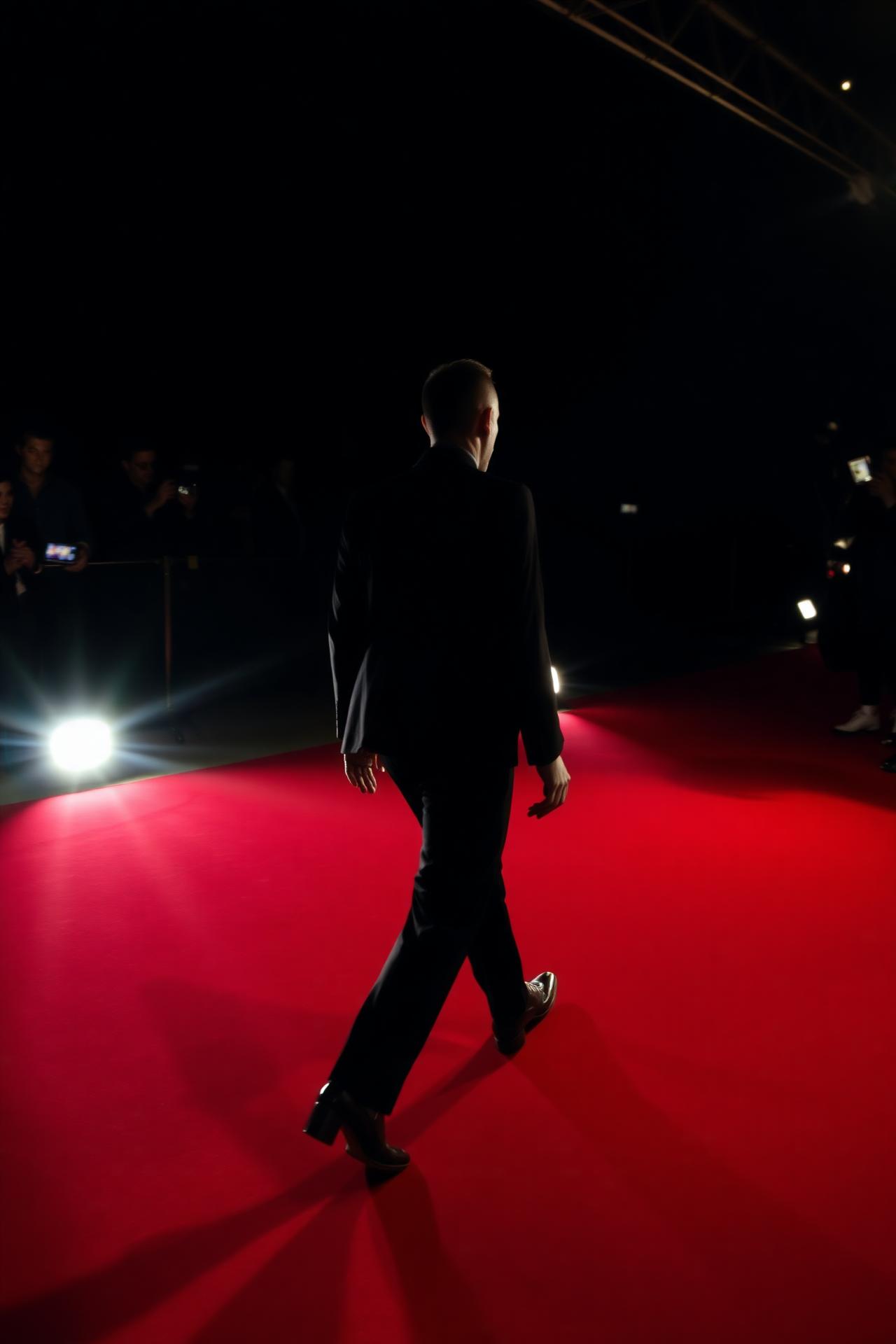Red carpet arrival past a wall of camera flashes
