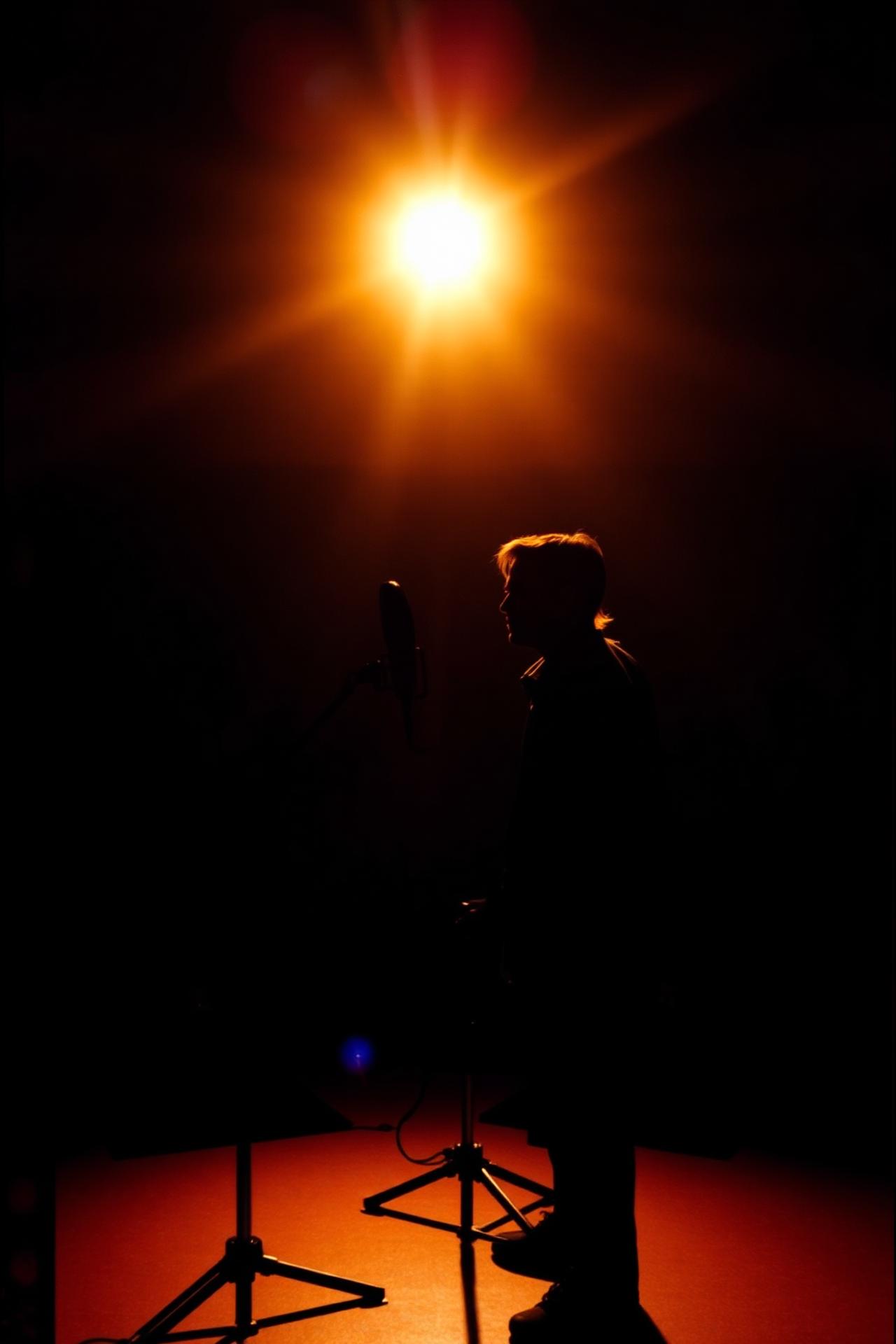 Vocalist silhouetted at a studio microphone